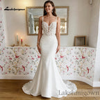 Mermaid Satin Wedding Dress Deep V Neck Beaded Lace Appliques Low Back Custom