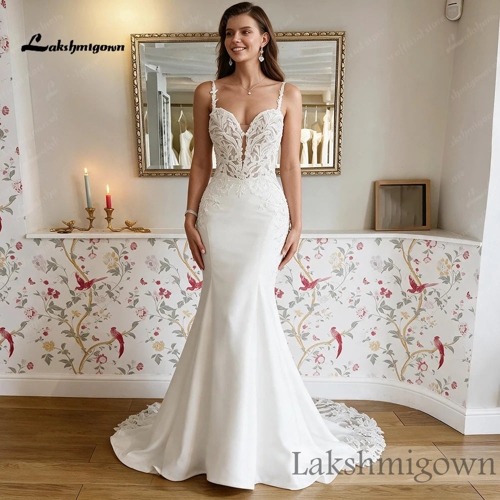 Mermaid Satin Wedding Dress Deep V Neck Beaded Lace Appliques Low Back Custom