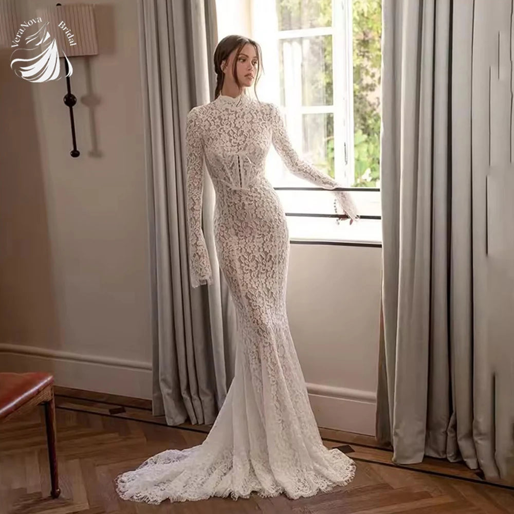 VeraNova Boho Off Shoulder A Line Bridal Wedding Dress Tulle Lace Appliques