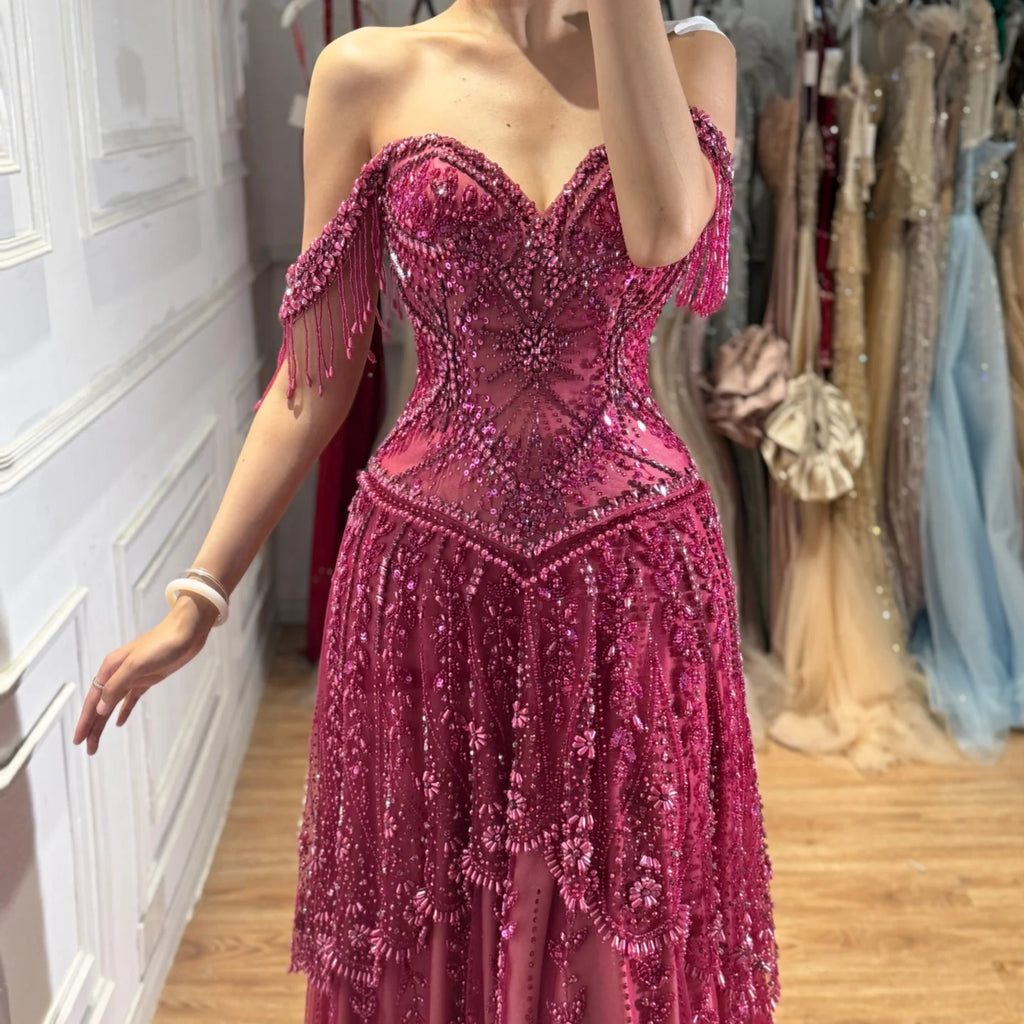 Serene Hill Fuchsia Beaded Off Shoulder Wedding Evening Dress Gown