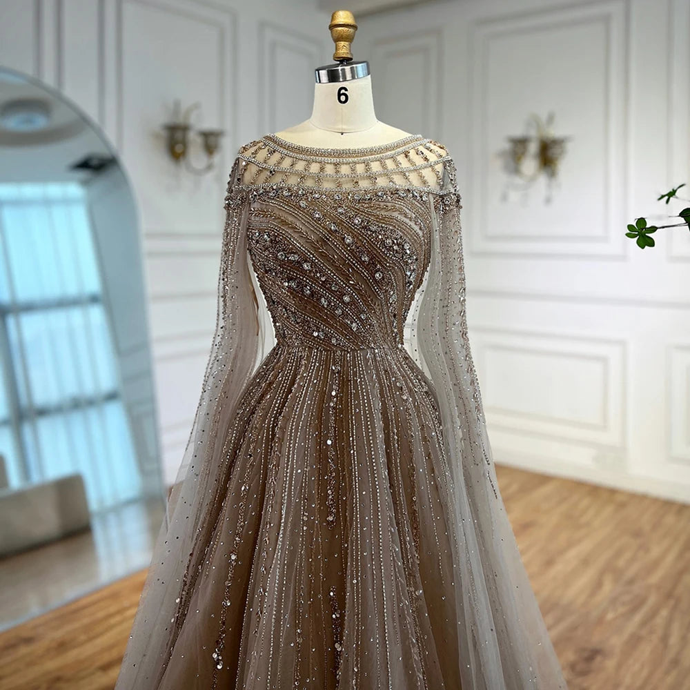 Custom Pink A Line Evening Dress With Beaded Cape Sleeves Formal Gown