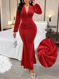 BWQ Women's Autumn & Winter Elegant And Gorgeous Solid Color Texture Fabric Velvet V-Neck Pleated Mermaid Dress For Party