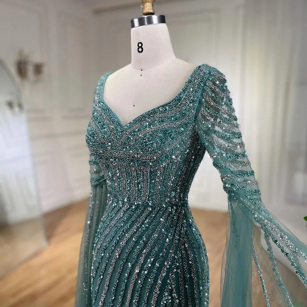 Turquoise Beaded Mermaid Evening Gown Sweetheart Overskirt Party Dress Women