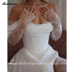 Customized Off Shoulder Satin A Line Wedding Dress With Sweep Train