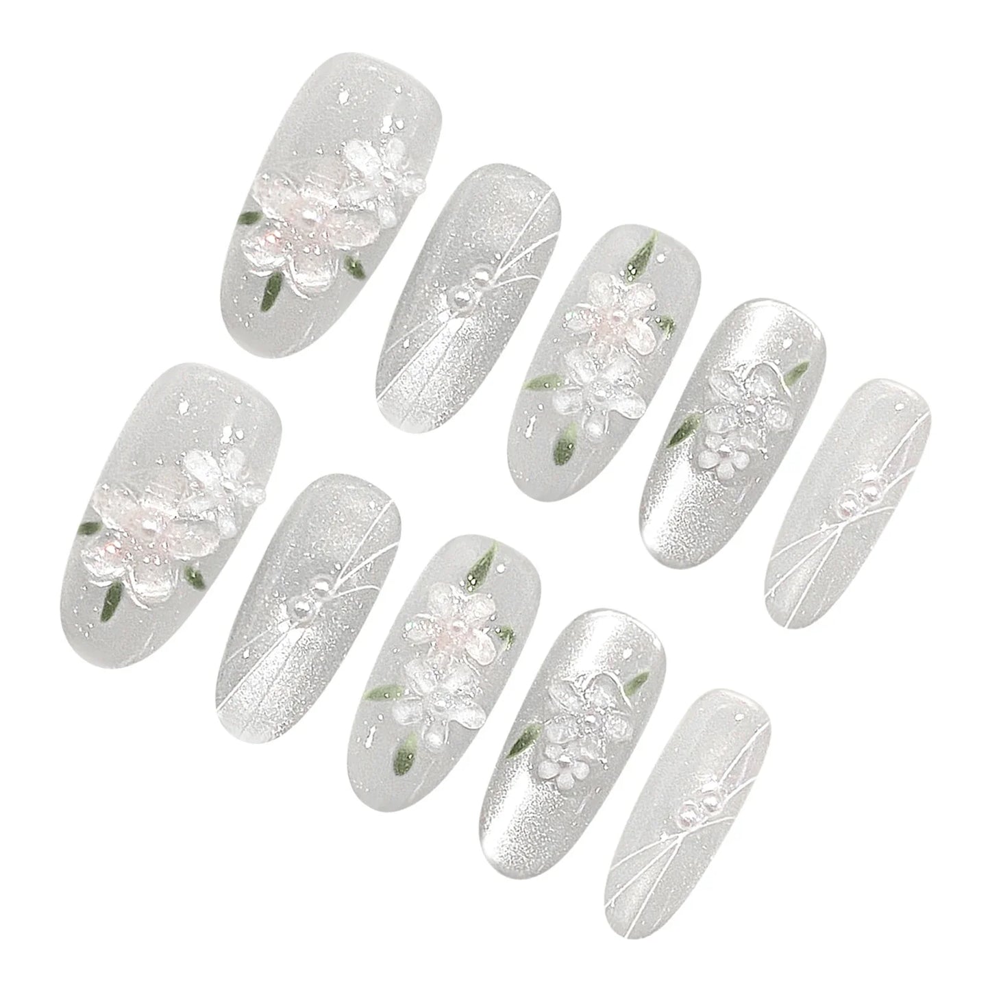 10 uñas postizas brillantes de ojo de gato, hechas a mano, con diseño de almendra blanca y hojas de flores 3D, parches para uñas postizas para mujer. 