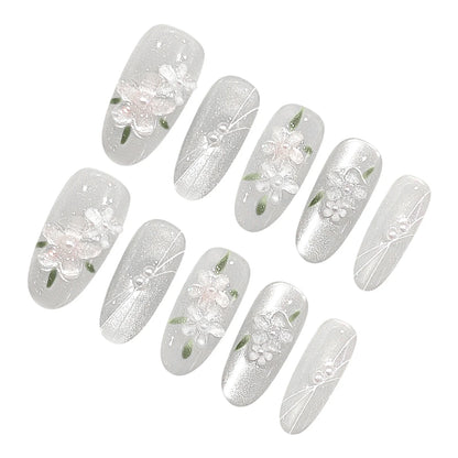 10 uñas postizas brillantes de ojo de gato, hechas a mano, con diseño de almendra blanca y hojas de flores 3D, parches para uñas postizas para mujer. 