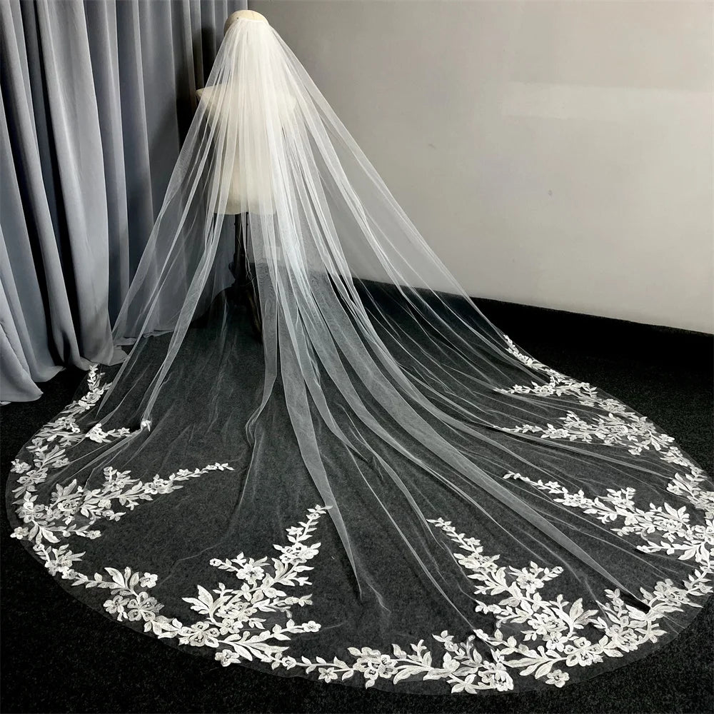 Cathedral Lace Applique Bridal Wedding Veil White Ivory 3m Long One Layer