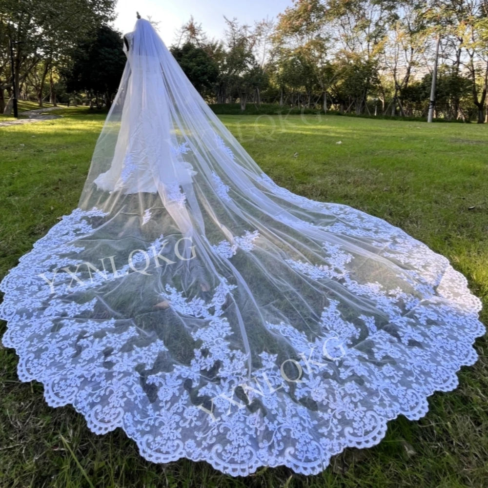 Ivory White One Layer Tulle Bridal Veil With Lace Cathedral Wedding