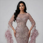 Pink Beaded Mermaid Evening Gown With Feathers Luxury Custom Dress