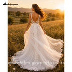 Custom Boho Lace A Line Wedding Dress With V Neck Spaghetti Straps