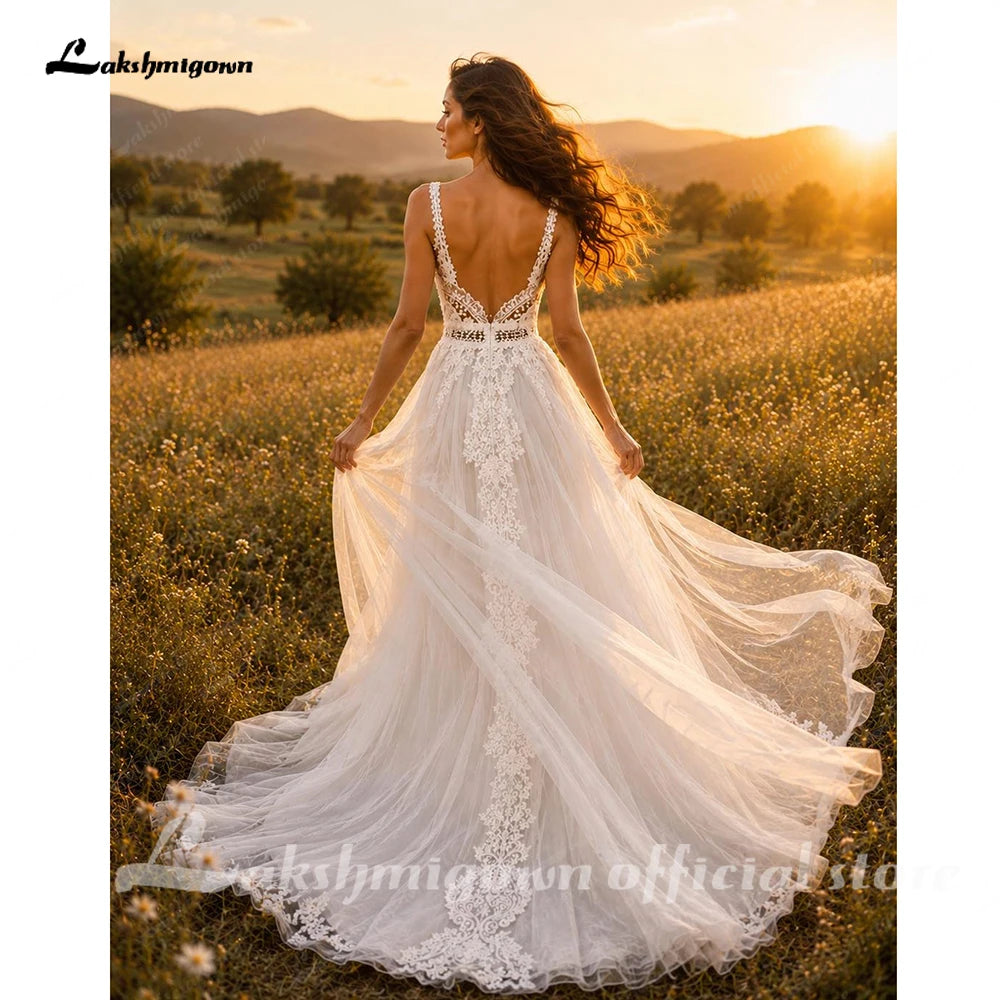 Custom Boho Lace A Line Wedding Dress With V Neck Spaghetti Straps