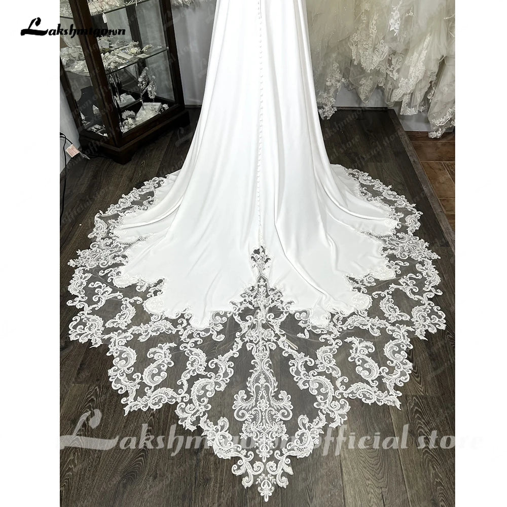 Custom Made Satin Wedding Dress Lace Backless Court Train Bridal Gown