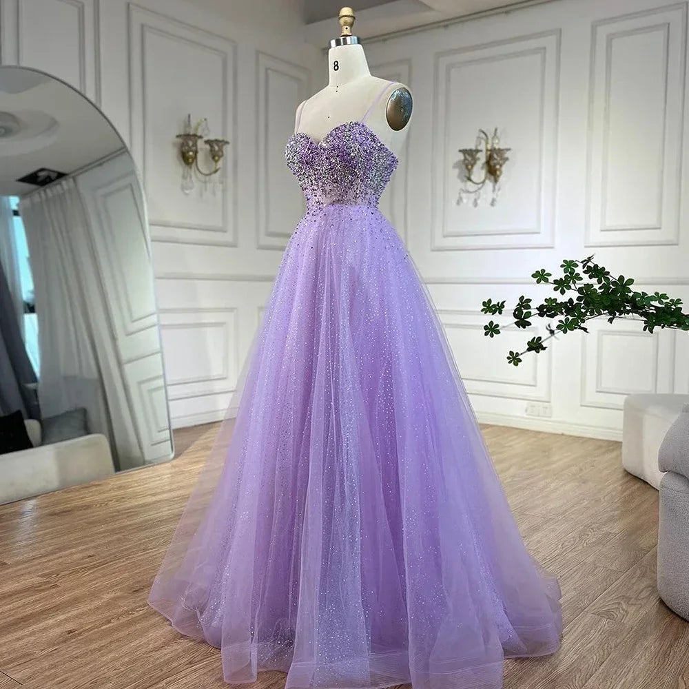 Custom Lilac Spaghetti Strap A Line Beaded Evening Prom Gown For Women