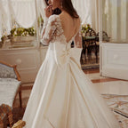 Custom A Line Long Sleeve Backless Bridal Wedding Dress With Lace Bow Detail