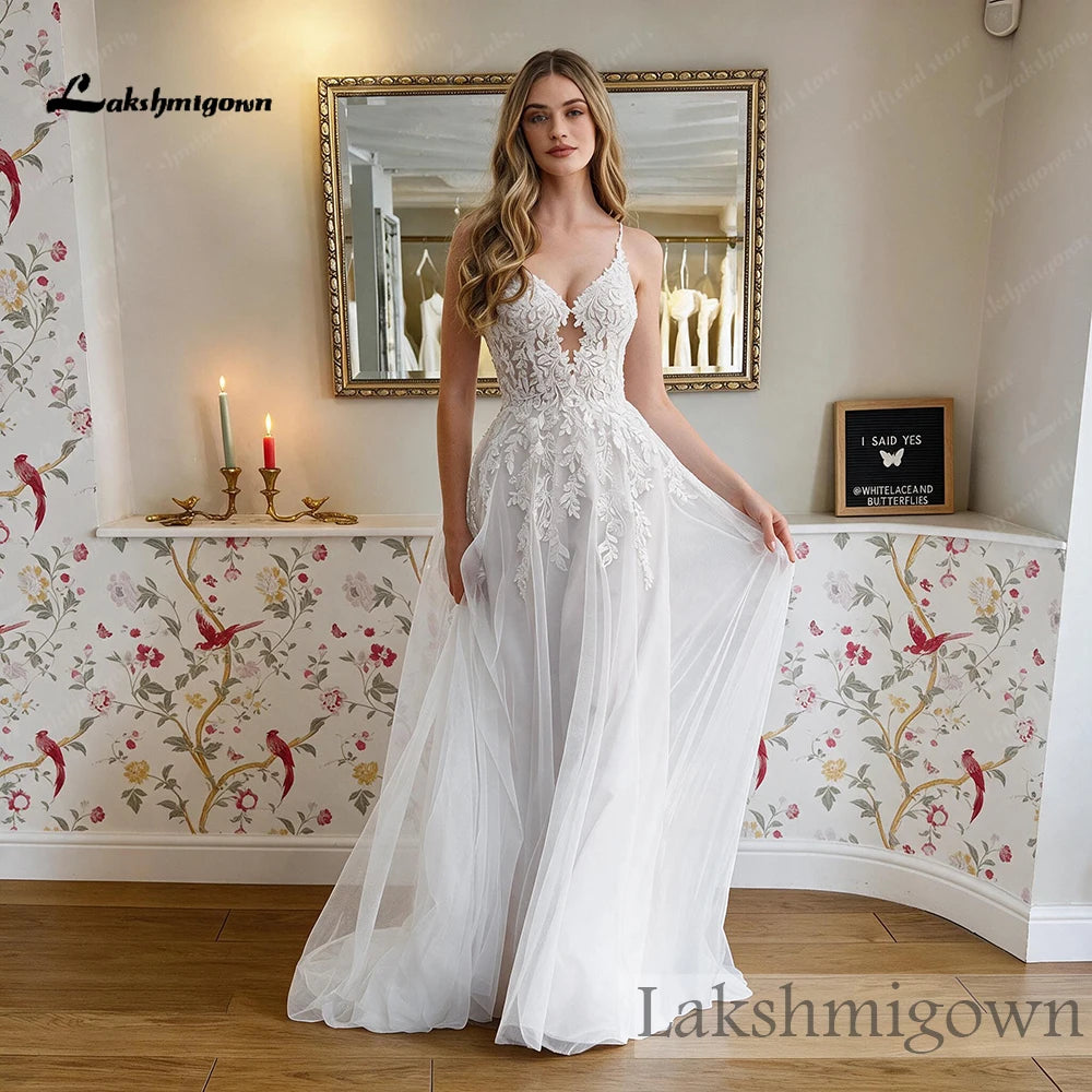 Custom A Line Wedding Dress Spaghetti Straps V Neck Beaded Lace Bridal Gown