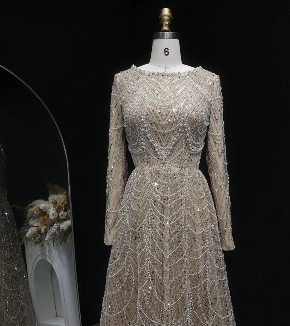 Contessa Custom formal gown elegant beaded tulle evening dress long sleeve boat neck floor length A line glam sparkly prom party