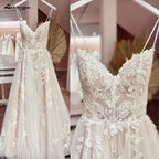 Custom Vintage Champagne Tulle A Line Wedding Dress Backless Lace V Neck
