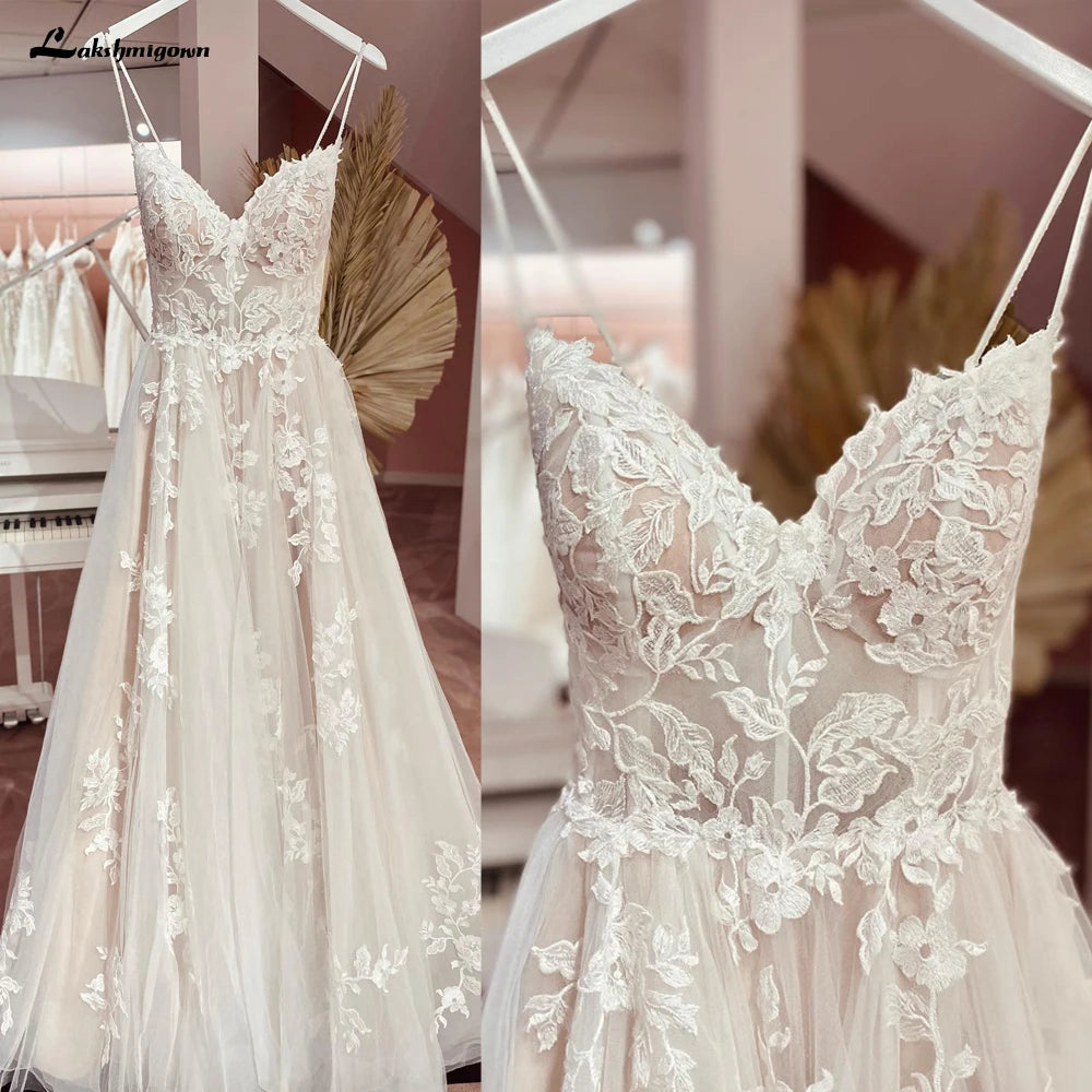 Custom Vintage Champagne Tulle A Line Wedding Dress Backless Lace V Neck