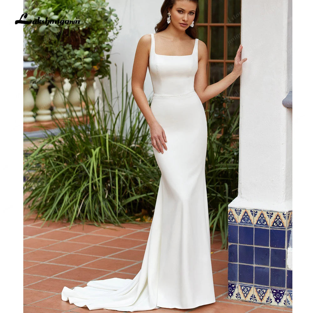 Custom Long Crepe Mermaid Wedding Dress With Square Collar