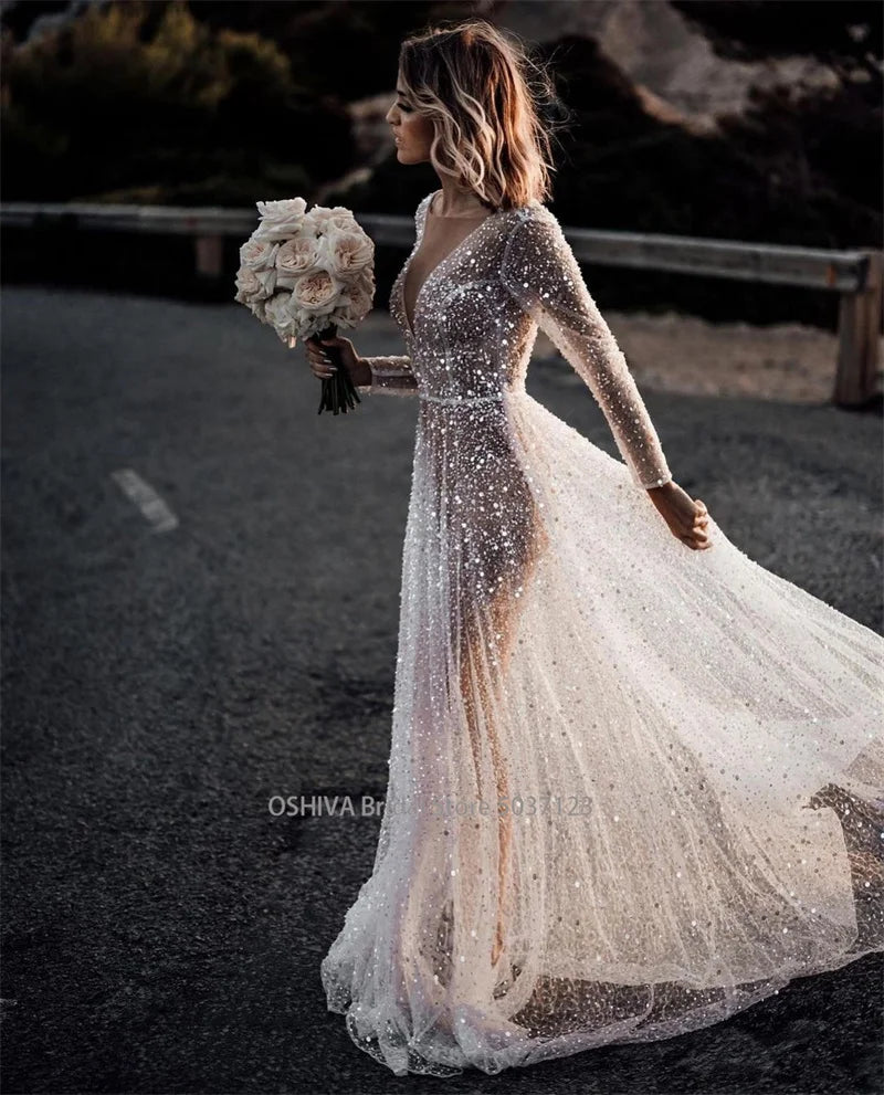 Modern V Neck Sequin Wedding Dress Long Sleeve Backless Bridal Gown
