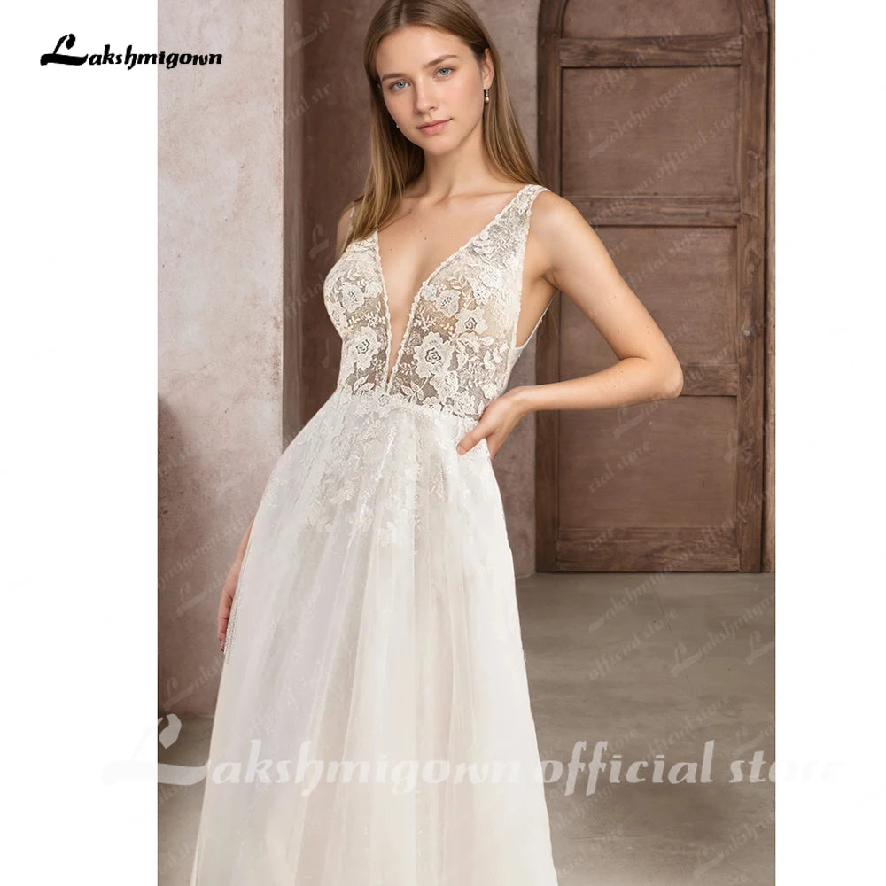 Lakshmigown Deep V-Neck Boho Wedding Dress Custom A-line Open Back Sweep Train
