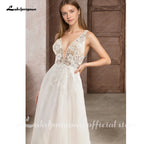 Lakshmigown Deep V-Neck Boho Wedding Dress Custom A-line Open Back Sweep Train