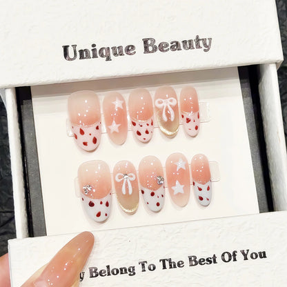 10 uñas postizas Y2k con lazo y estrellas, diseño de leopardo en rosa rubor, estilo francés, hechas a mano, con borde blanco y almendra. 