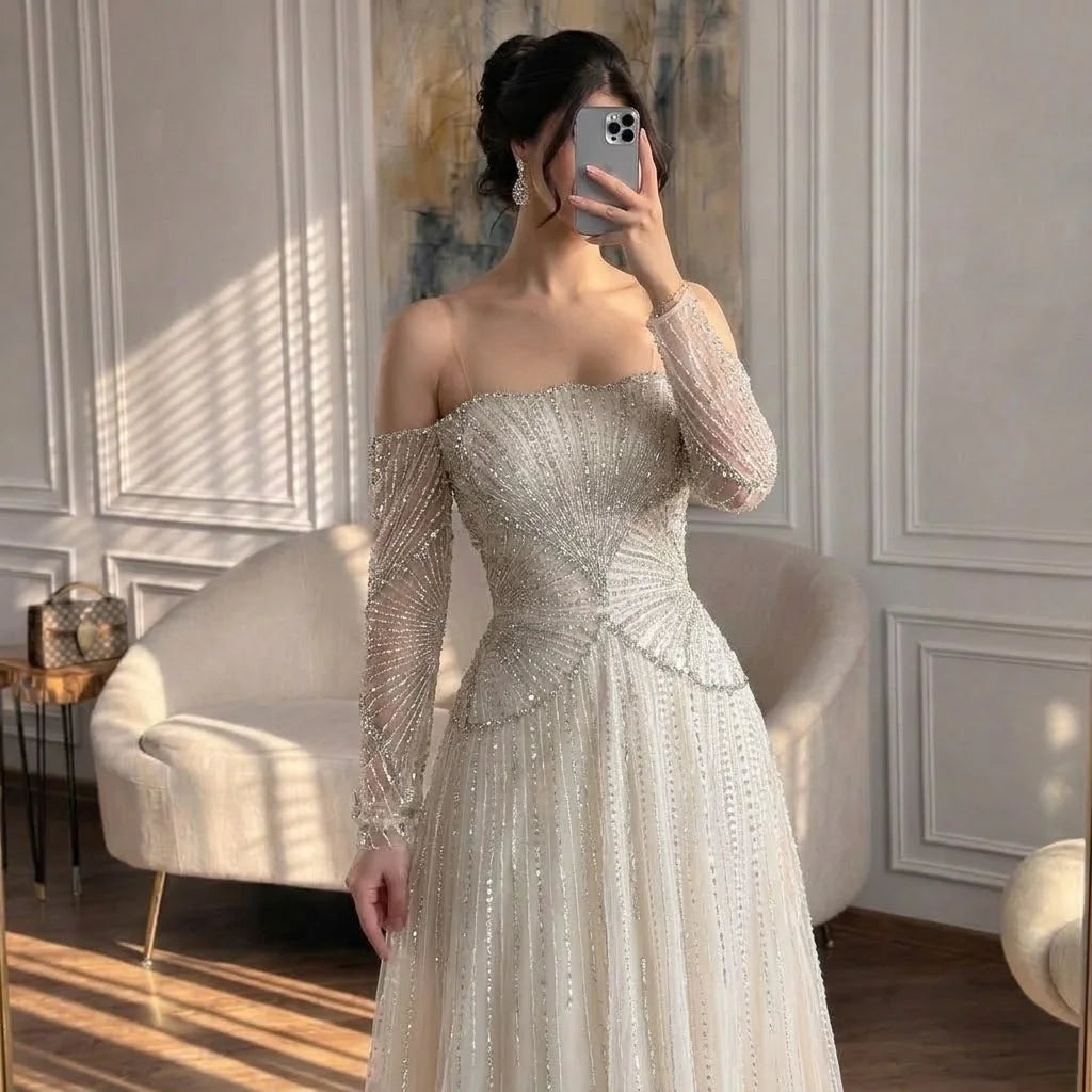 Serene Hill Customized Off Shoulder A Line Prom Dress for Women Evening Gown