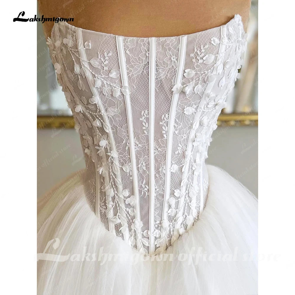 Strapless 3D Flower Wedding Gown Back Lace Up Floor Length Custom Bridal Dress