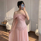 Pink Chiffon Evening Dress Off Shoulder Cape Back Formal Party Gown 2026