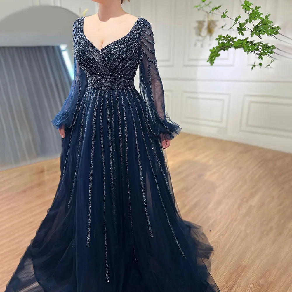 Serene Hill Customized Navy Long Sleeve Beaded Arabic Evening Dress