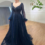 Serene Hill Customized Navy Long Sleeve Beaded Arabic Evening Dress