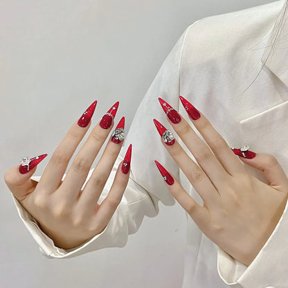 10 uñas postizas rojas hechas a mano, largas, estilo punk, con diseño de flores de diamante brillante Y2K, parches para uñas postizas. 