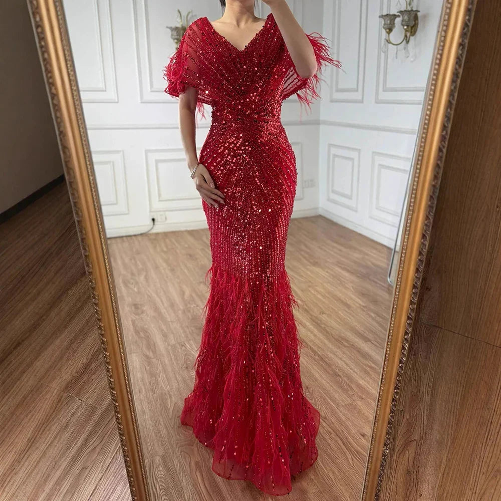 Luxury Arabic Red Mermaid Evening Dress with Feathers Beaded LA71323A