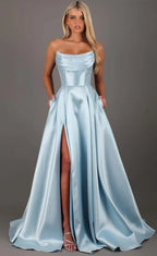 Vestidos de fiesta de corsé sin tirantes para mujer con abertura, vestidos largos formales de satén con bolsillos, elegante vestido de fiesta sin mangas