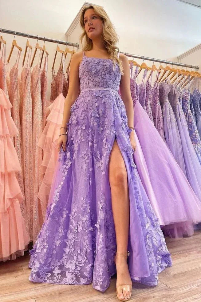 Abito lungo da sera a linea A con spalline sottili, pizzo floreale tridimensionale e lavanda delicata Y7935