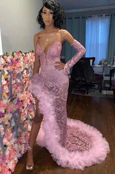 Vestidos de Baile em Tule Rosa Escuro Sedutor | Vestido de Noite com Decote Coração e Fenda Profunda Y1739