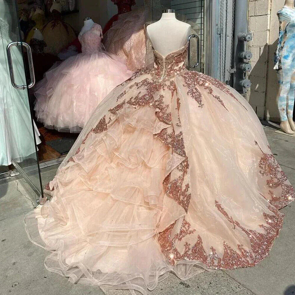 Abiti da ballo color oro rosa per dolce sedicesimo e quinceañera con paillettes e applicazioni, scollo a cuore Y401