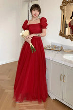 Bellissimo abito da sera lungo in tulle rosso a linea ad A Y7771