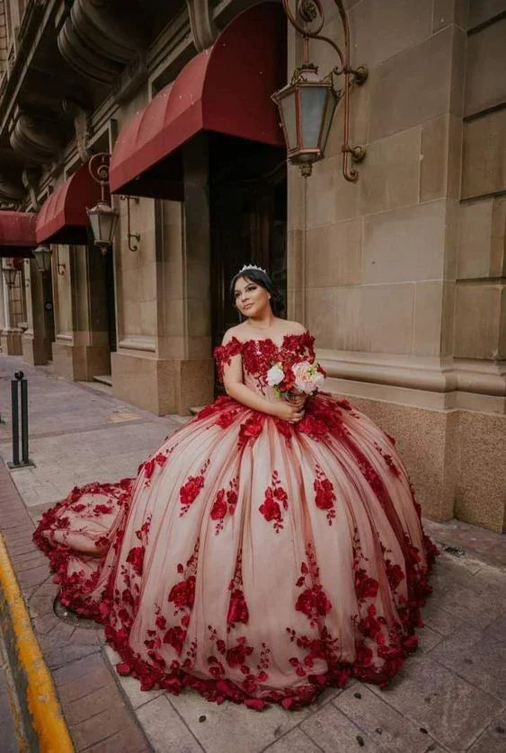 Rotes Spitzenkleid für Quinceañera Ballkleid Schulterfrei Süßes 16. Geburtstagskleid Y6424