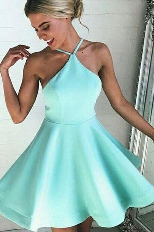 Neckholder-Ausschnitt A-Linie Rückenfrei Satin Homecoming Kleider Kurzes Ballkleid