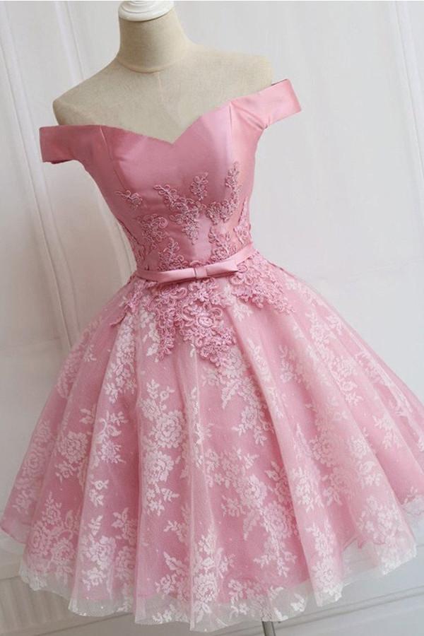 Simple A-line Off Shoulder Tulle Homecoming Dress with Appliques, Party Dress