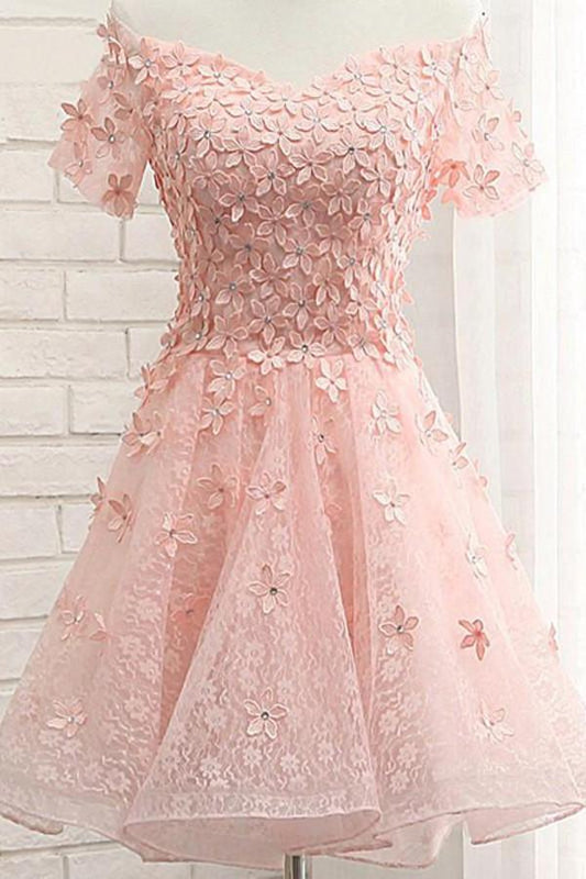 Rosa, schulterfreies Homecoming-Kleid aus Tüll mit Blumenmuster und Applikationen