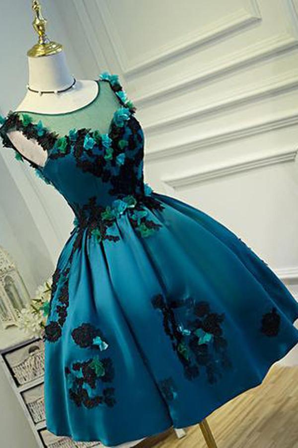 Vestido de fiesta vintage de satén verde oscuro con apliques transparentes 