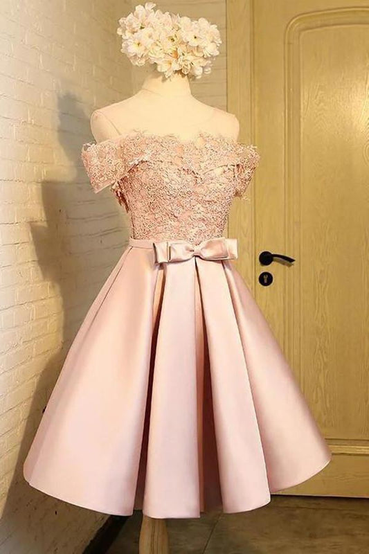 Pink Satin Off The Shoulder Short Prom Dress, Appliques Homecoming Dress