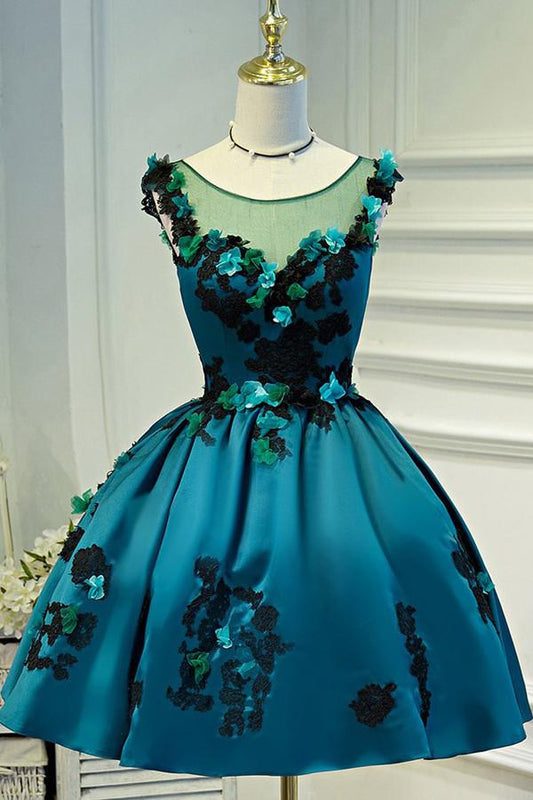 Vestido de fiesta vintage de satén verde oscuro con apliques transparentes 