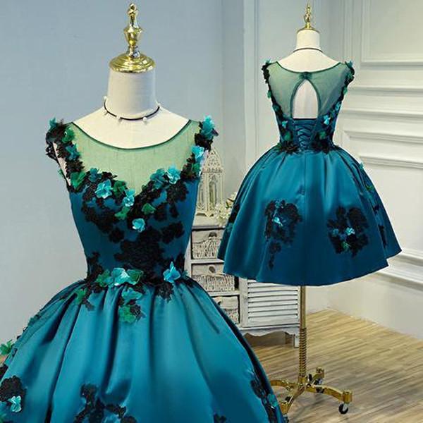 Vestido de fiesta vintage de satén verde oscuro con apliques transparentes 