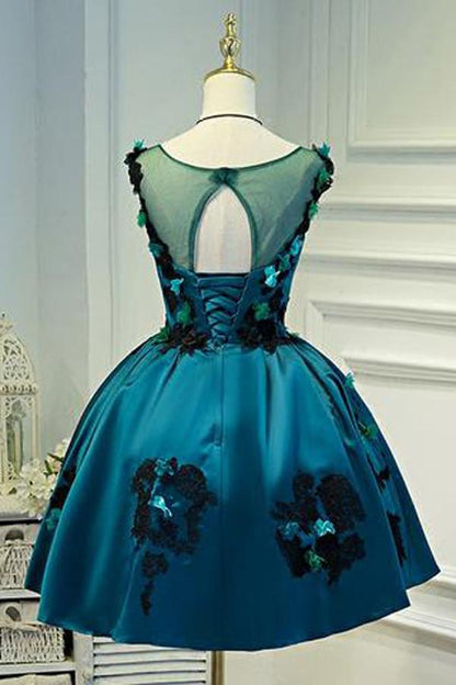 Vestido de fiesta vintage de satén verde oscuro con apliques transparentes 