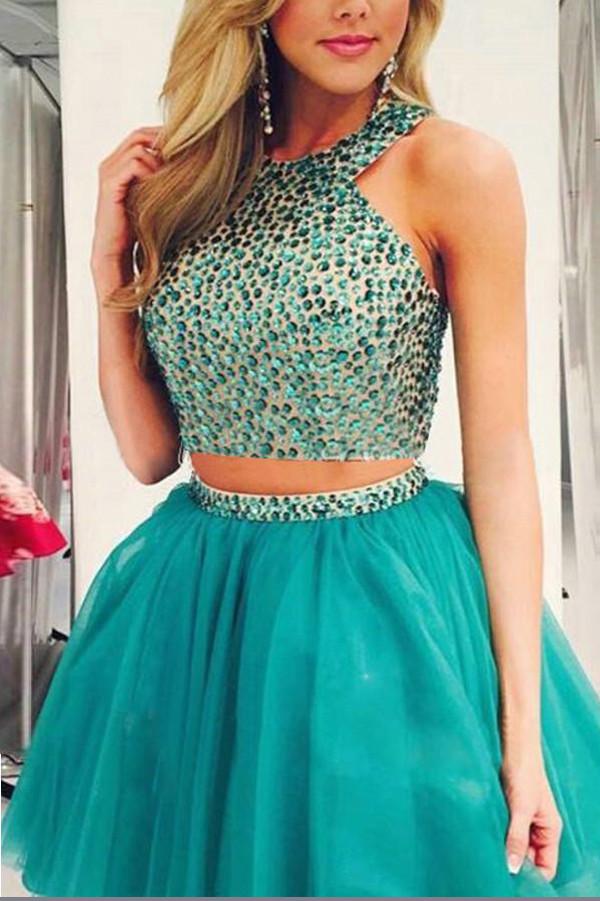 Green Two Piece Beaded Chiffon Halter Homecoming Dresses Party Dress