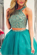Green Two Piece Beaded Chiffon Halter Homecoming Dresses Party Dress